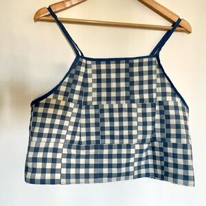 patchwork singlet crop top in a blue and white gingham with blue straps